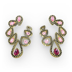 Ladonna Küpe - Rodolit garnet, pembe kuvars ve siyah zirkon 8 ayar altın küpe #1jq4ka6