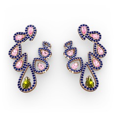 Peridot, pembe kuvars ve lab safir 14 ayar rose altın küpe