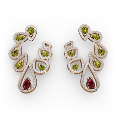 Garnet, peridot ve beyaz zirkon 8 ayar rose altın küpe