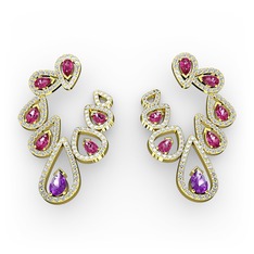 Ametist, rodolit garnet ve swarovski 14 ayar altın küpe