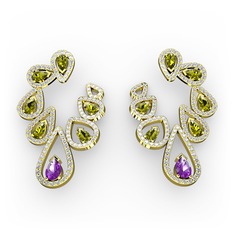 Ametist, peridot ve swarovski 14 ayar altın küpe