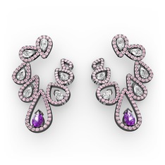 Ametist, beyaz zirkon ve pembe kuvars 925 ayar siyah rodyum kaplama gümüş küpe