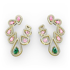 Yeşil kuvars, pembe kuvars ve beyaz zirkon 8 ayar altın küpe