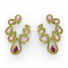 Rodolit garnet, pembe kuvars ve peridot 14 ayar altın küpe