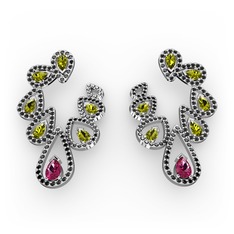 Ladonna Küpe - Rodolit garnet, peridot ve siyah zirkon 18 ayar beyaz altın küpe #1l645cd