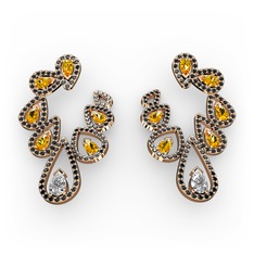 Beyaz zirkon, sitrin ve siyah zirkon 18 ayar rose altın küpe