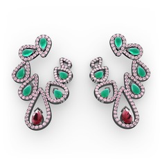 Ladonna Küpe - Kök yakut, kök zümrüt ve pembe kuvars 925 ayar siyah rodyum kaplama gümüş küpe #1mgipyt