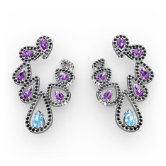 Akuamarin, ametist ve siyah zirkon 8 ayar beyaz altın küpe