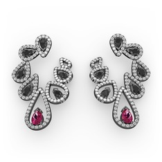 Rodolit garnet, siyah zirkon ve beyaz zirkon 925 ayar siyah rodyum kaplama gümüş küpe