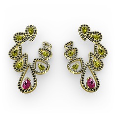 Ladonna Küpe - Rodolit garnet, peridot ve siyah zirkon 14 ayar altın küpe #1ng15c