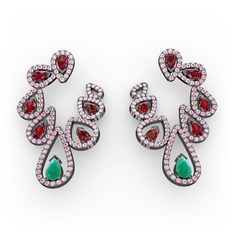 Ladonna Küpe - Kök zümrüt, garnet ve pembe kuvars 925 ayar siyah rodyum kaplama gümüş küpe #1nimv07