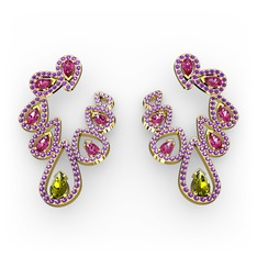 Peridot, rodolit garnet ve ametist 8 ayar altın küpe