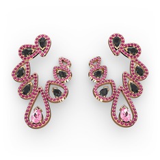 Pembe kuvars, siyah zirkon ve rodolit garnet 14 ayar rose altın küpe