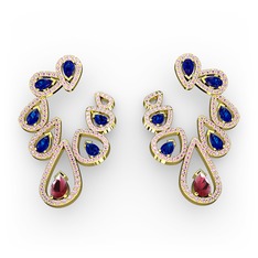 Ladonna Küpe - Kök yakut, lab safir ve pembe kuvars 14 ayar altın küpe #1ooj8oz