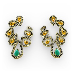 Ladonna Küpe - Kök zümrüt, sitrin ve siyah zirkon 18 ayar altın küpe #1p38mzi