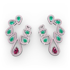 Ladonna Küpe - Rodolit garnet, kök zümrüt ve pembe kuvars 14 ayar beyaz altın küpe #1p65nse