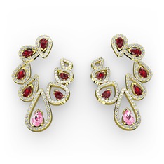 Pembe kuvars, garnet ve pırlanta 8 ayar altın küpe (2.882 karat)