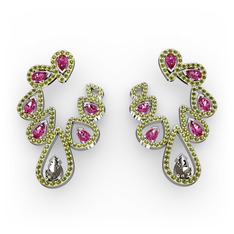 Ladonna Küpe - Dumanlı kuvars, rodolit garnet ve peridot 18 ayar beyaz altın küpe #1po9xoo