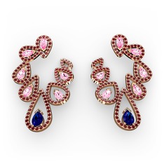 Lab safir, pembe kuvars ve garnet 18 ayar rose altın küpe