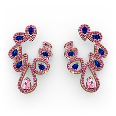 Pembe kuvars, lab safir ve rodolit garnet 14 ayar rose altın küpe