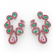 Pembe kuvars, kök zümrüt ve rodolit garnet 14 ayar rose altın küpe