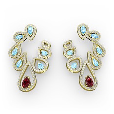 Garnet, akuamarin ve swarovski 18 ayar altın küpe