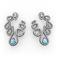 Akuamarin, swarovski ve beyaz zirkon 925 ayar siyah rodyum kaplama gümüş küpe