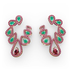 Kök yakut, kök zümrüt ve rodolit garnet 14 ayar rose altın küpe