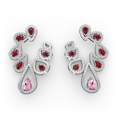 Pembe kuvars, garnet ve beyaz zirkon 14 ayar beyaz altın küpe