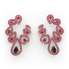 Siyah zirkon, kök yakut ve rodolit garnet 14 ayar rose altın küpe