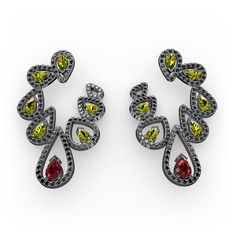 Garnet, peridot ve siyah zirkon 925 ayar siyah rodyum kaplama gümüş küpe
