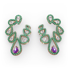 Ametist, beyaz zirkon ve yeşil kuvars 18 ayar rose altın küpe