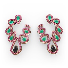 Siyah zirkon, kök zümrüt ve rodolit garnet 14 ayar rose altın küpe