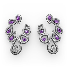 Swarovski, ametist ve beyaz zirkon 925 ayar siyah rodyum kaplama gümüş küpe