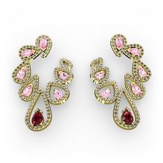 Garnet, pembe kuvars ve dumanlı kuvars 925 ayar altın kaplama gümüş küpe