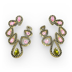 Peridot, pembe kuvars ve siyah zirkon 18 ayar altın küpe
