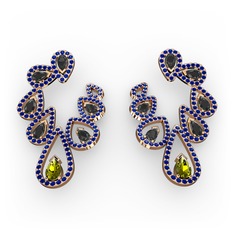 Peridot, siyah zirkon ve lab safir 18 ayar rose altın küpe