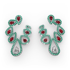 Ladonna Küpe - Beyaz zirkon, garnet ve yeşil kuvars 14 ayar beyaz altın küpe #1vmyecj