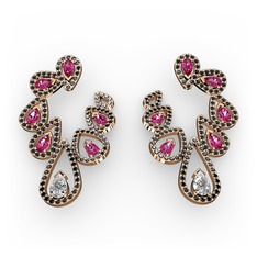 Beyaz zirkon, rodolit garnet ve siyah zirkon 925 ayar rose altın kaplama gümüş küpe