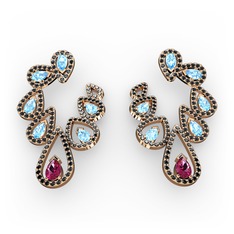 Ladonna Küpe - Rodolit garnet, akuamarin ve siyah zirkon 8 ayar rose altın küpe #1vpsikk