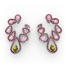 Peridot, pembe kuvars ve garnet 8 ayar beyaz altın küpe