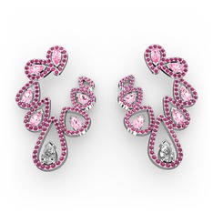 Swarovski, pembe kuvars ve rodolit garnet 14 ayar beyaz altın küpe