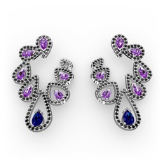 Lab safir, ametist ve siyah zirkon 8 ayar beyaz altın küpe