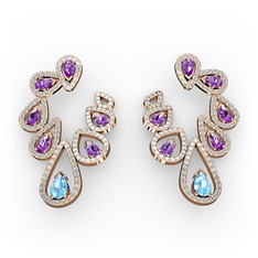 Akuamarin, ametist ve swarovski 8 ayar rose altın küpe