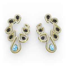 Ladonna Küpe - Akuamarin, siyah zirkon ve pırlanta 8 ayar altın küpe (2.882 karat) #1yb51g4