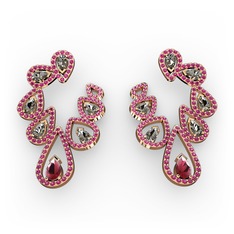 Kök yakut, dumanlı kuvars ve rodolit garnet 8 ayar rose altın küpe