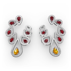 Sitrin, garnet ve beyaz zirkon 14 ayar beyaz altın küpe