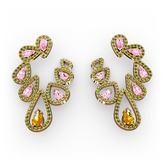 Sitrin, pembe kuvars ve peridot 8 ayar rose altın küpe