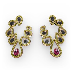 Rodolit garnet, siyah zirkon ve peridot 8 ayar rose altın küpe
