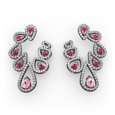 Ladonna Küpe - Pembe kuvars, kök yakut ve pırlanta 925 ayar siyah rodyum kaplama gümüş küpe (2.882 karat) #2yln5z